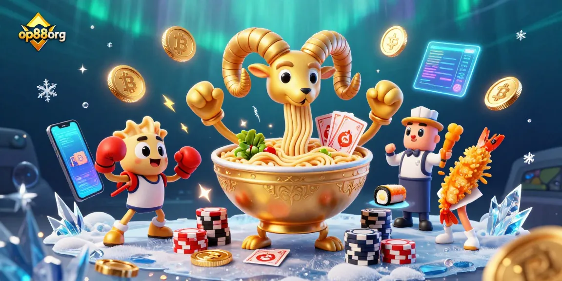Engage in winning strategies at op88org with a vibrant 3D casino scene featuring unique characters and crypto elements.