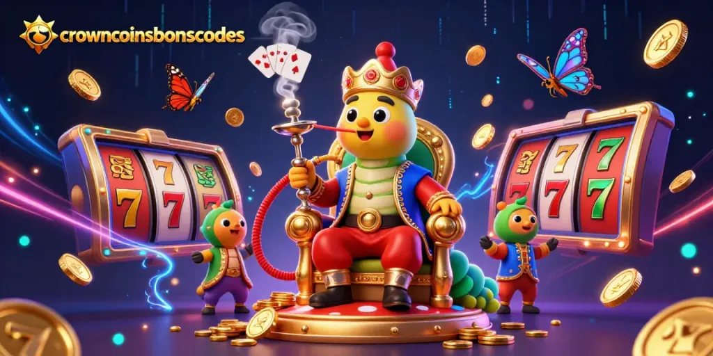 Win with crowncoinsbonuscodes at this vibrant 3D casino scene depicting slot reels and dynamic game elements.