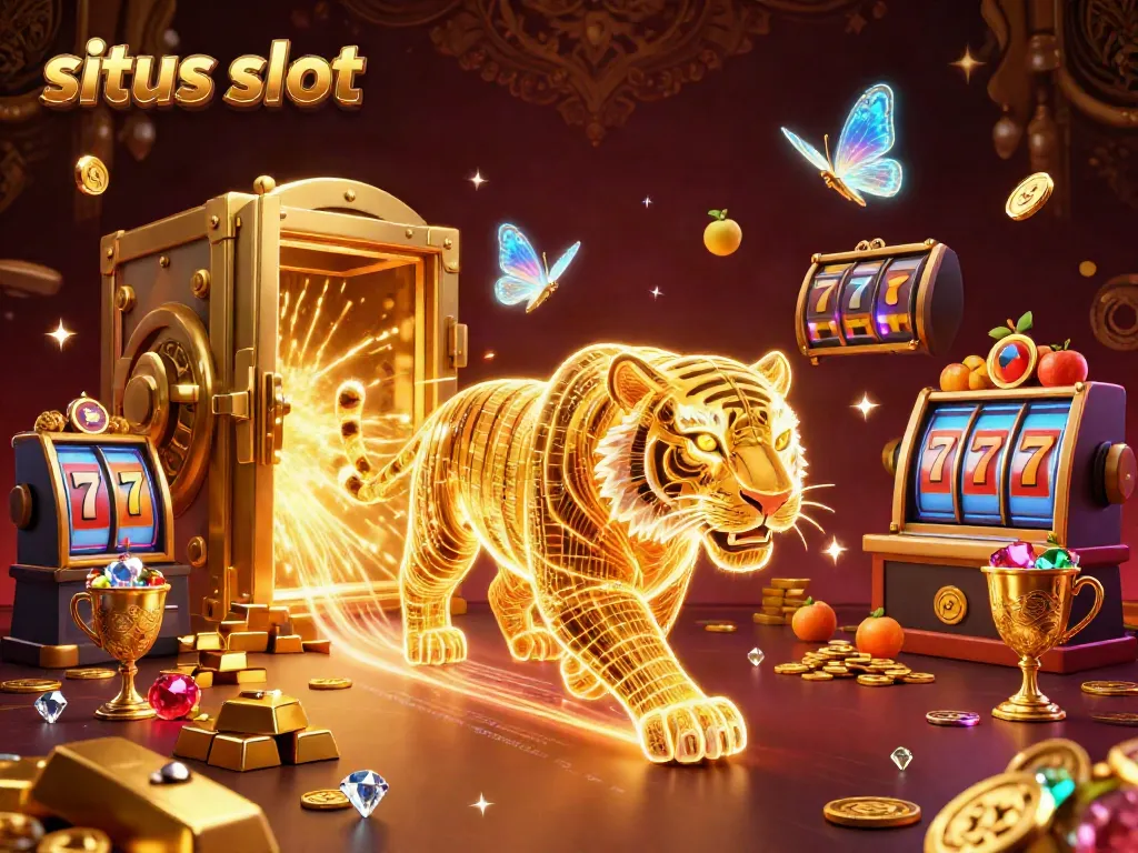 Menangkan permainan situs slot dengan visual yang kaya, termasuk macan emas neon dan harta karun berkilau.