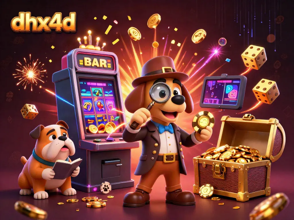 Visualisasi permainan menarik di situs dhx4d, dengan karakter anjing detektif dan mesin slot 3D yang menakjubkan.