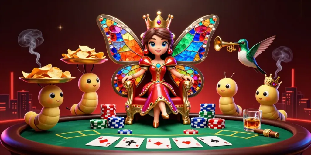 Experience the excitement at hello millions sister sites usa with vibrant casino elements, poker tables, and a majestic butterfly queen.