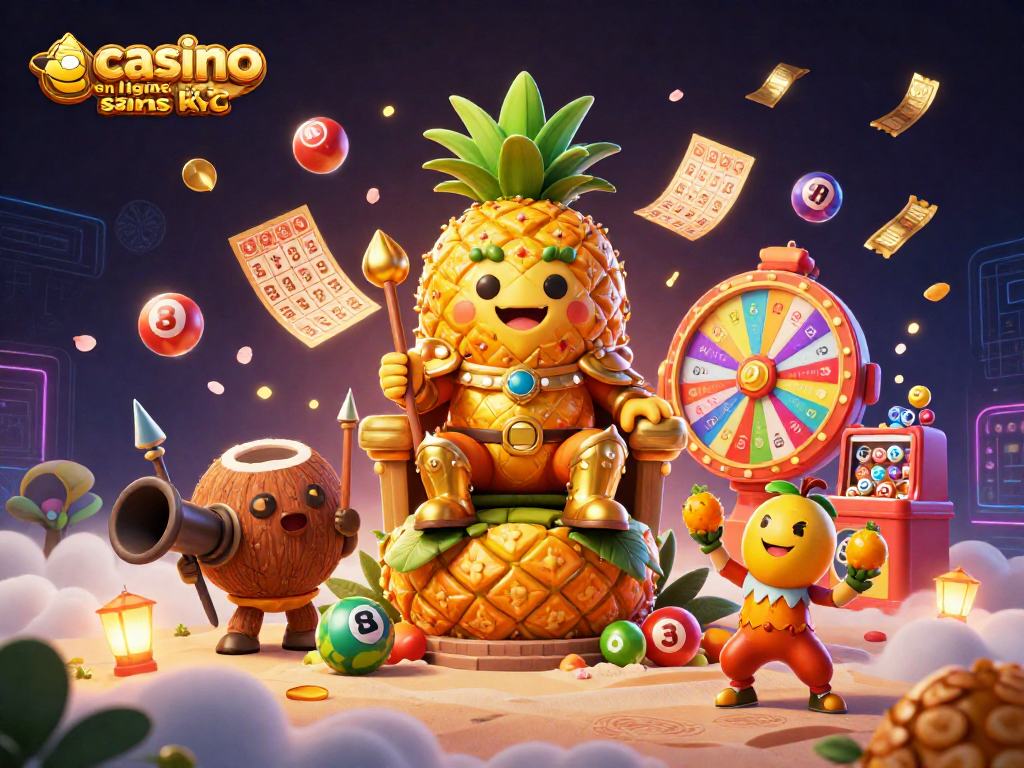 Jouez facilement sur un casino en ligne sans KYC avec un roi ananas gagnant et sa cour.
