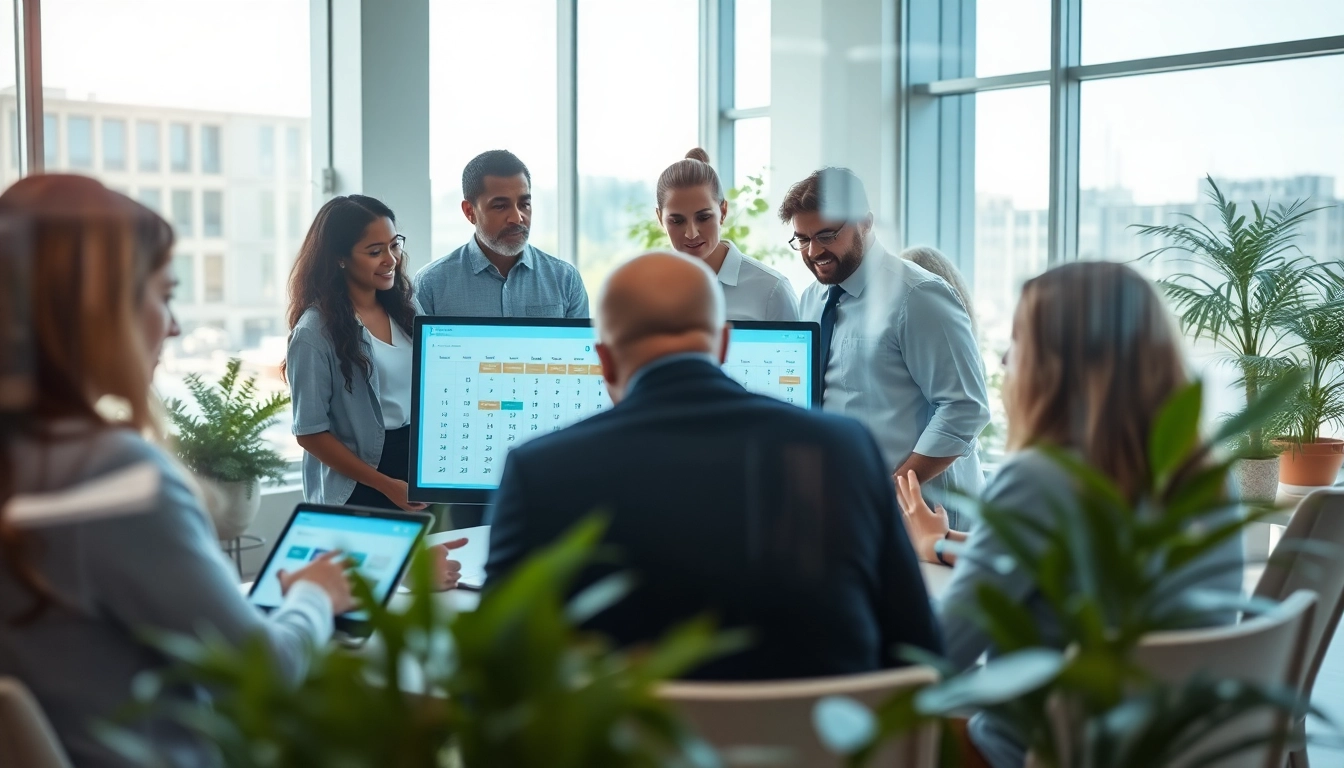 Team using technology to reduce scheduling time AI in a bright, modern office setup.