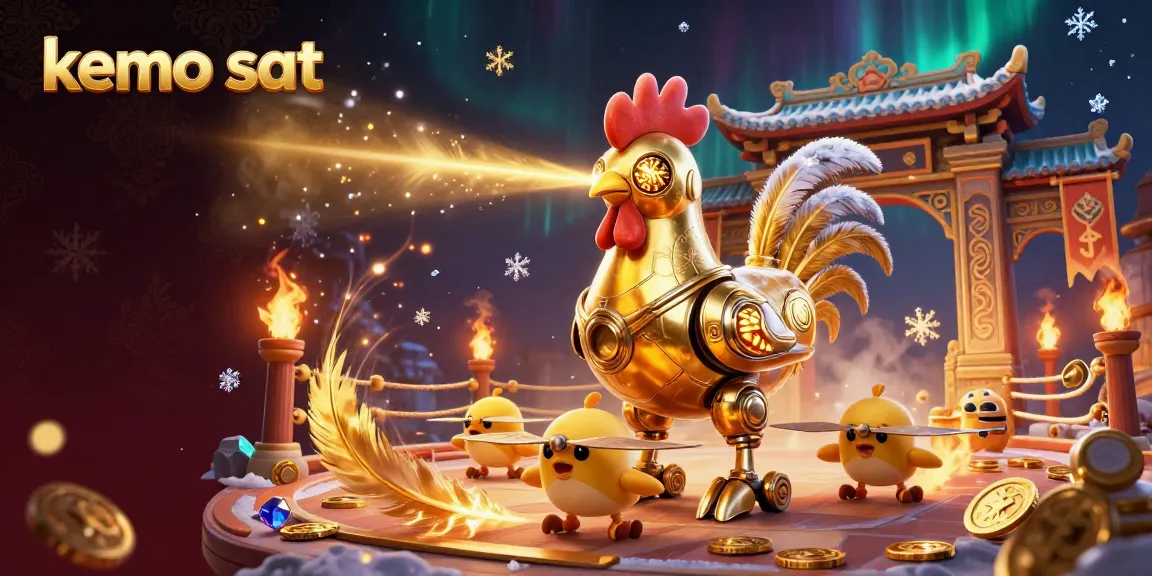 Kemo sat showcases a vibrant 3D illustration of a golden rooster robot with betting tokens in an action-packed scene.