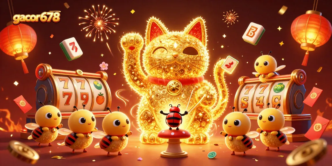 Engage with gacor678 through a vibrant 3D casino illustration showcasing a lucky cat and casino elements.