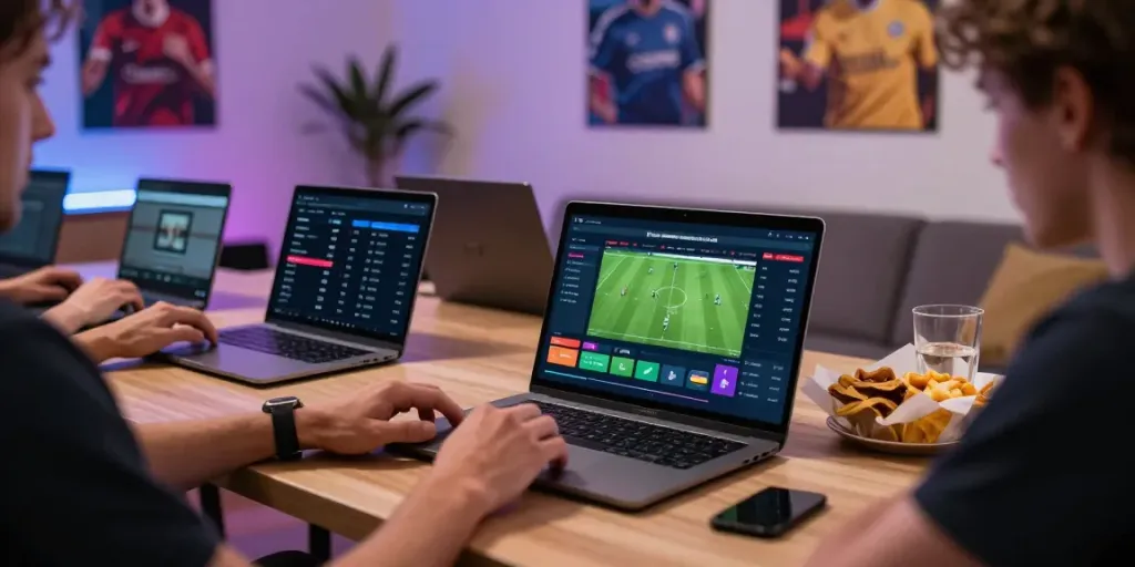 WWBOLA sports betting platform with analysis on laptop and vibrant setting