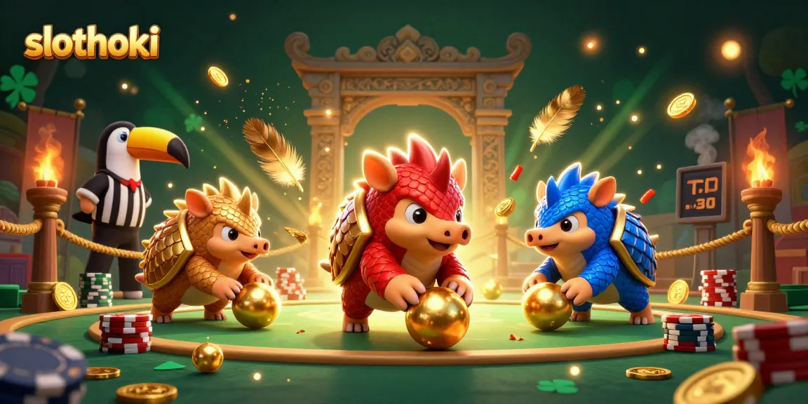 Slothoki hadir dengan ilustrasi 3D rival pangolin beraksi di arena perjudian yang megah.