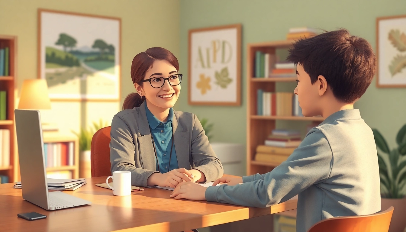 ADHD Therapist providing a supportive environment for a young client in a cozy office setting.
