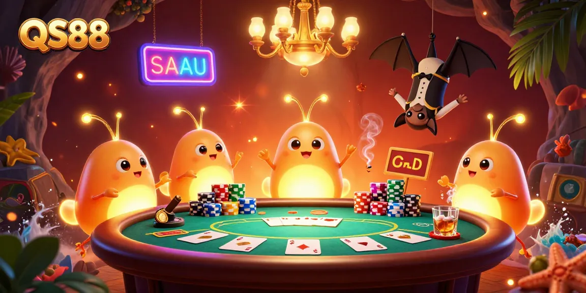 Engage in thrilling poker at QS88 with glowing glowworms lighting the casino scene.