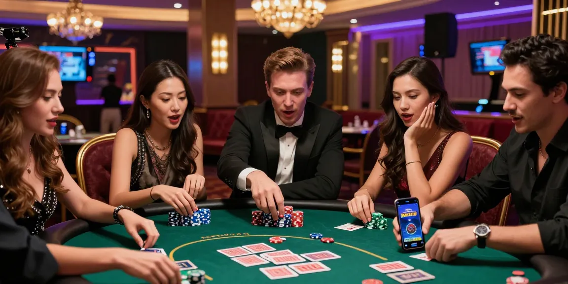 Pengalaman bermain LUXURY777 Daftar di meja poker, suasana kasino mewah dengan cahaya cerah dan antusiasme para pemain.