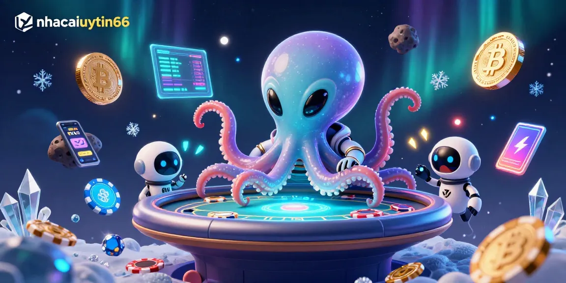nhacaiuytin66 showcases a vibrant 3D alien octopus running a holographic poker game in space, promoting thrilling casino excitement.
