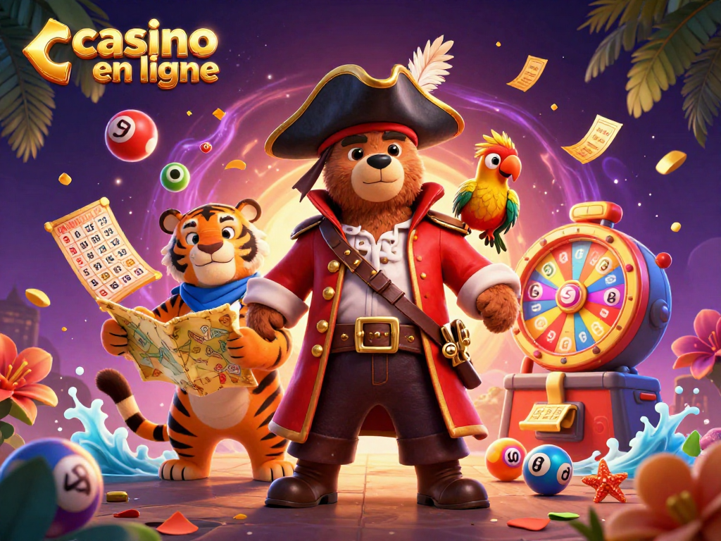 Jouez dans un casino en ligne avec une ambiance festive illustrée par un ours pirate et son équipage.