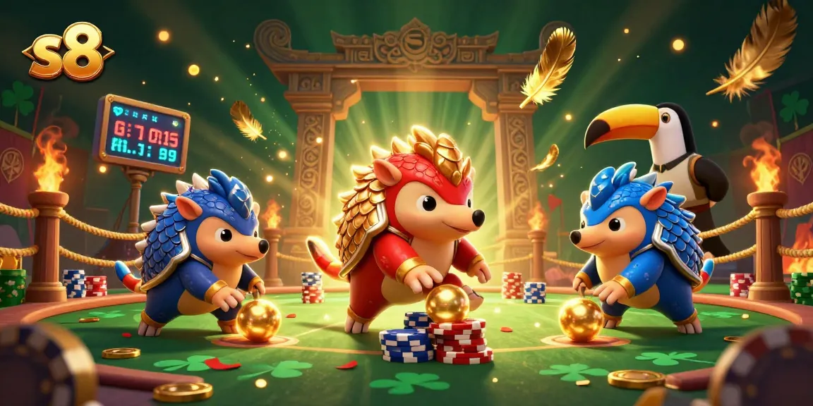 Join the thrilling action at s8 with rival pangolins rolling poker chips in a vibrant casino scene.