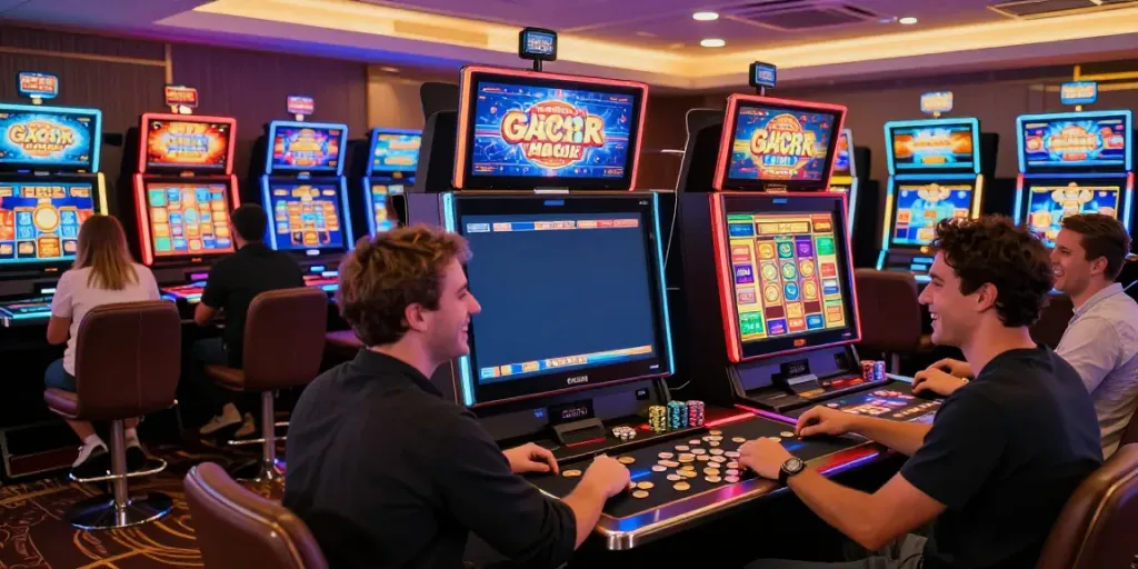 Players enjoying slot gacor games in a lively casino environment.
