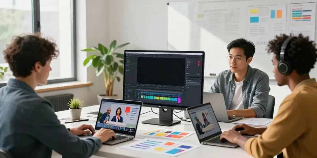 Team using an affordable AI marketing video generator in a modern workspace.