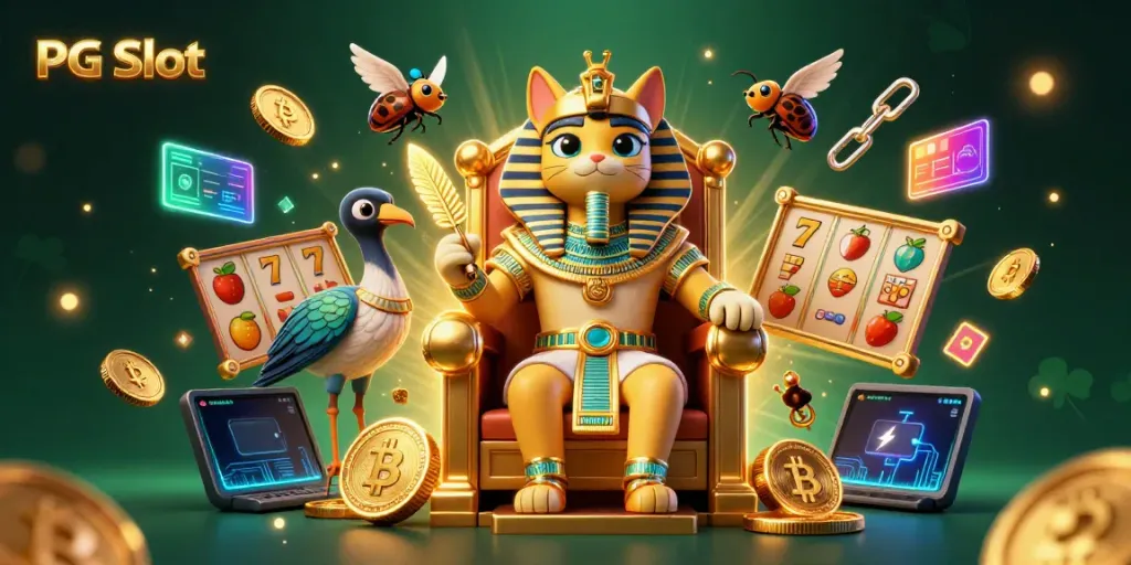 Menggandakan kesenangan PG Slot dengan pharaoh kucing dan simbol keberuntungan dalam ilustrasi 3D.