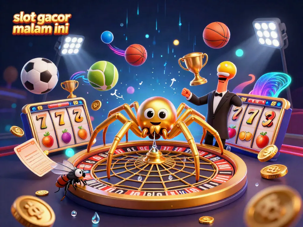 Ilustrasi 3D slot gacor malam ini dengan laba-laba emas berputar di roda roulette.