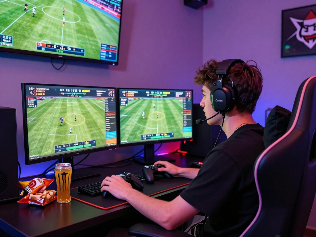 Engaged player enjoying Bola88's dynamic online betting experience with vibrant gaming setup.