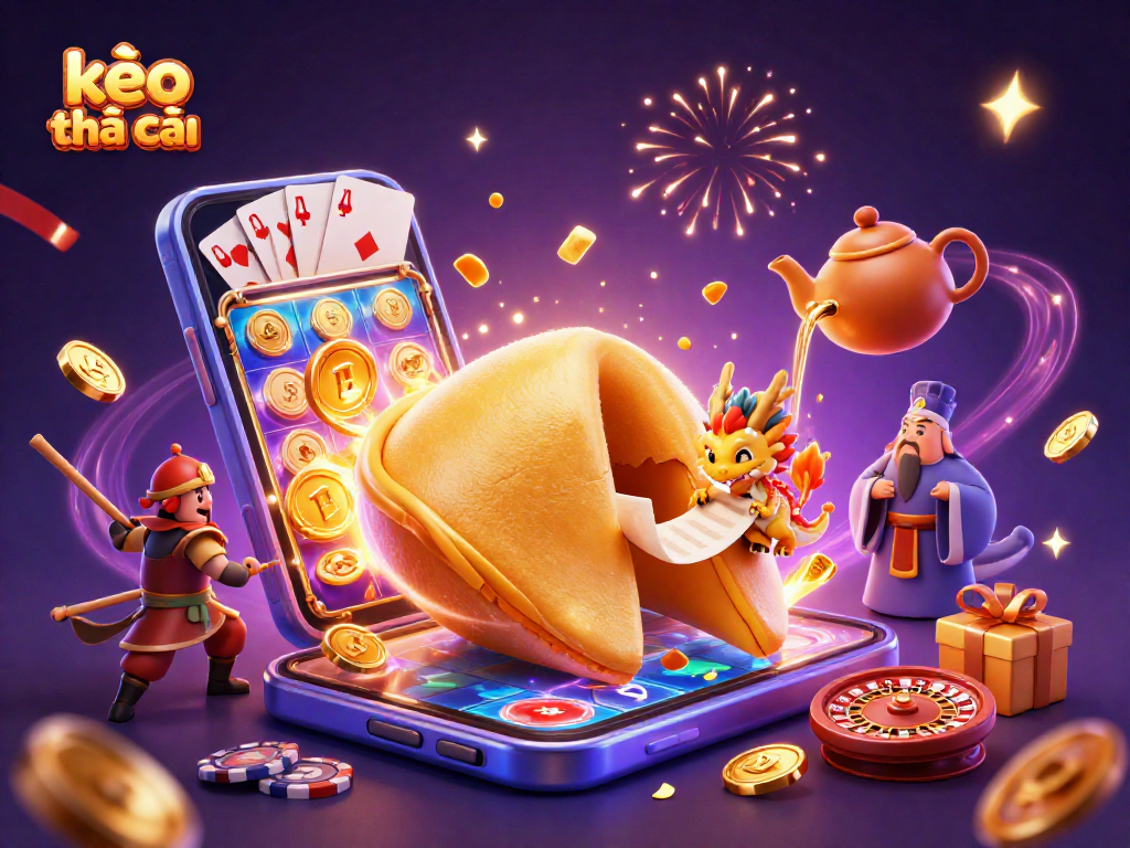 Engage with kèo nhà cái while enjoying a vibrant casino-themed illustration showcasing fortune cookie characters and gaming elements.