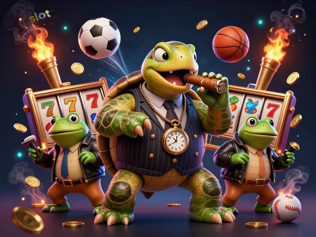 Engaging slot machine scene with dynamic turtle mobster, bullfrog enforcers, and lively casino elements.