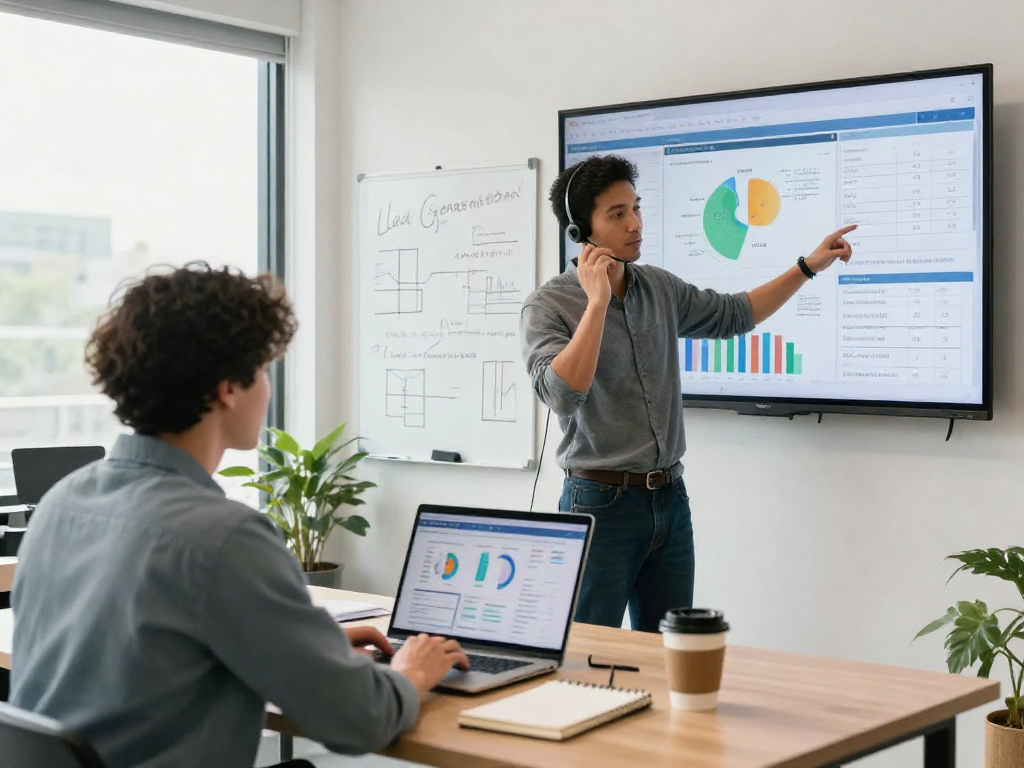 Contractor lead generation professionals strategizing in a modern office, analyzing metrics and making calls.