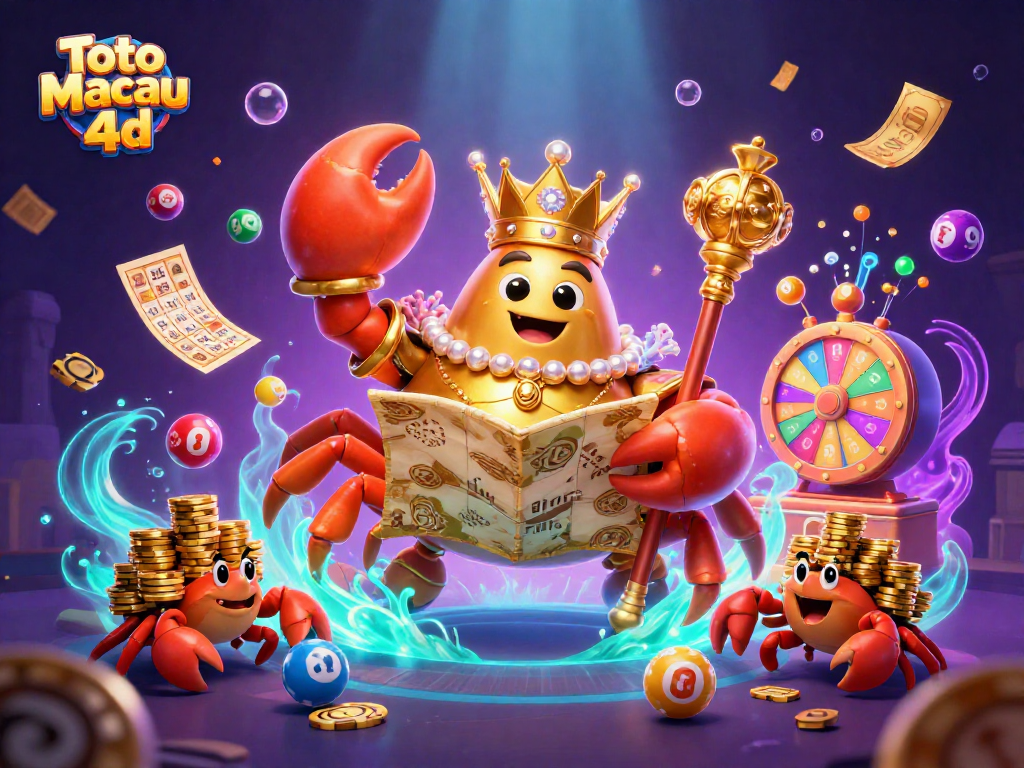 Engage in exciting gameplay with Toto Macau 4d as colorful lottery balls bounce around a majestic crab emperor.