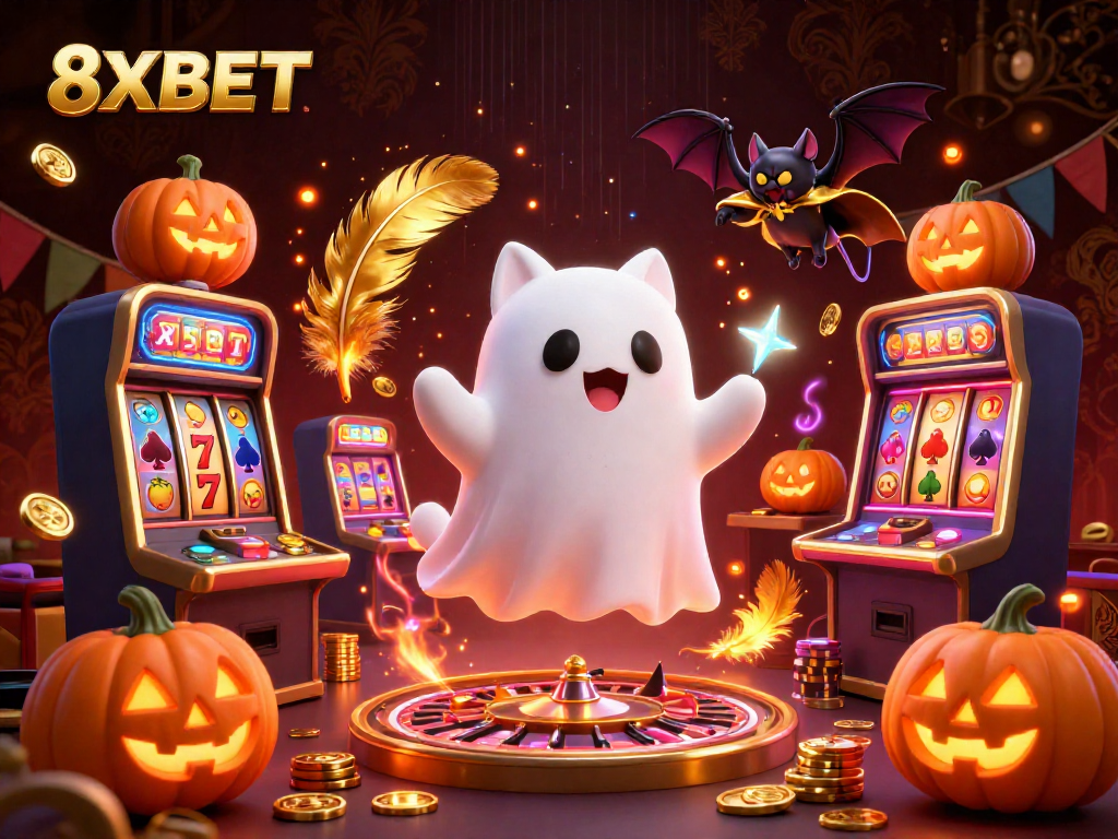 Experience 8XBET excitement with a ghost cat and vampire bat in a dynamic casino scene.