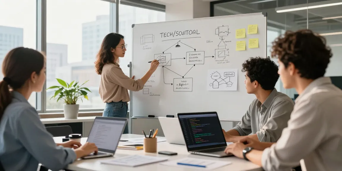 Team collaborating to build internal tools with AI in a bright modern workspace.