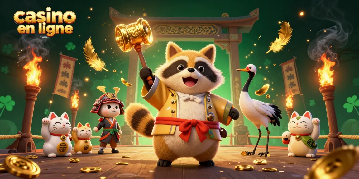 Découvrez un casino en ligne dynamique avec un tanuki et des chats fortune dans une scène festive.